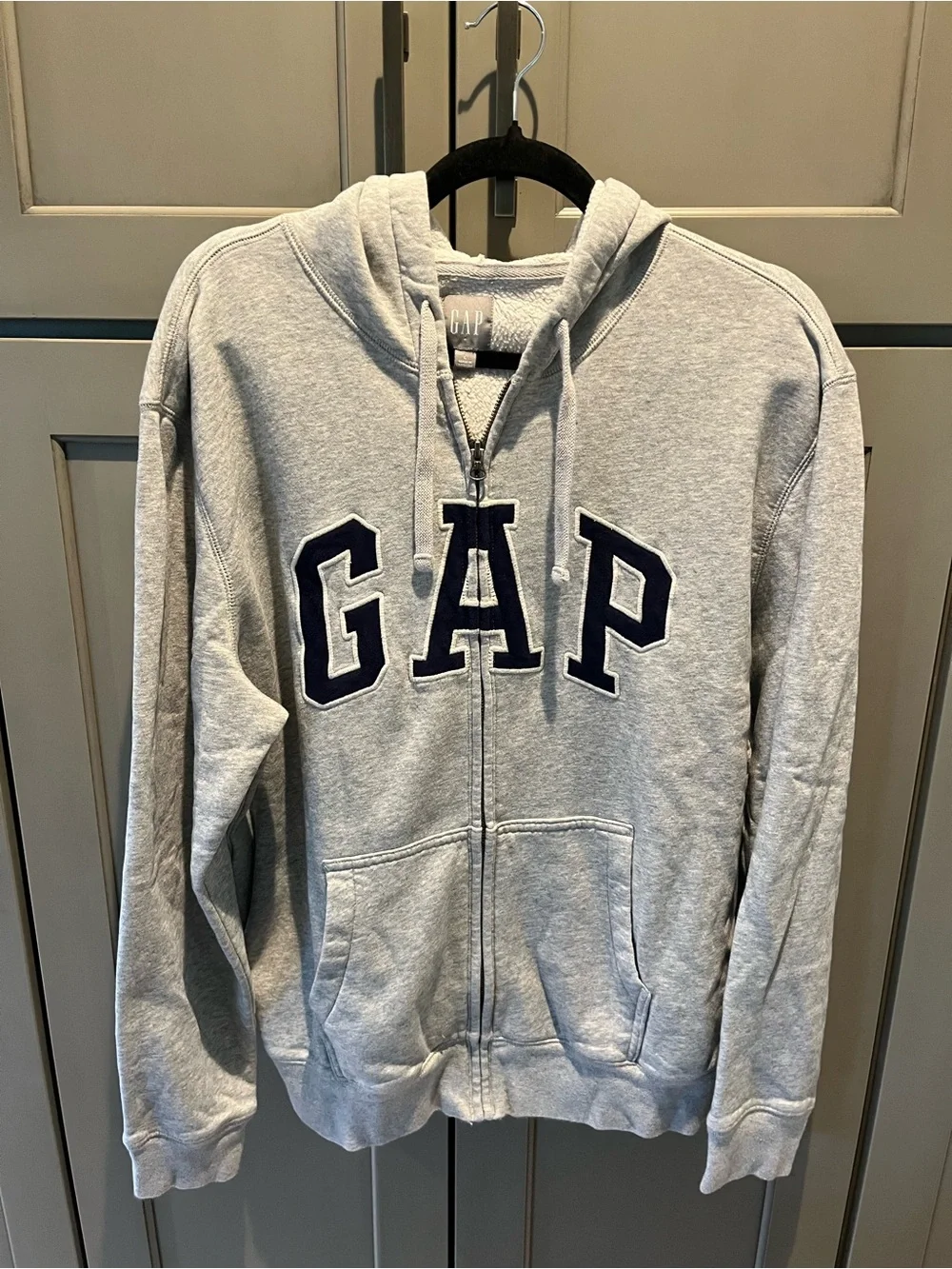 GAP Light Gray Zip Hoodie with Navy Lettering